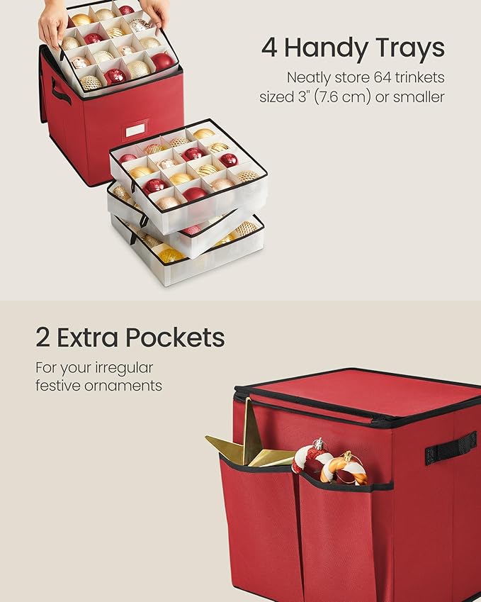 SONGMICS Christmas Ornament Storage Box, Dual Zippers, Stackable Christmas Storage Container with Lid, 4 Trays, 600D Oxford, 3-Inch 64 Slots, Cherry Red URFB034R01
