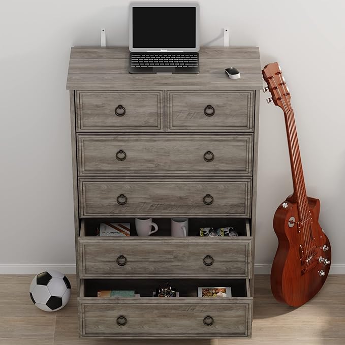 LGHM Modern Dressers for Bedroom with 6 Drawers, 6 Drawer Dresser, 44.33" Tall Chest of Drawers Closet Organizers & Storage Clothes - Easy Pull Handle, Textured Borders for Living Room, Hallway, Gray