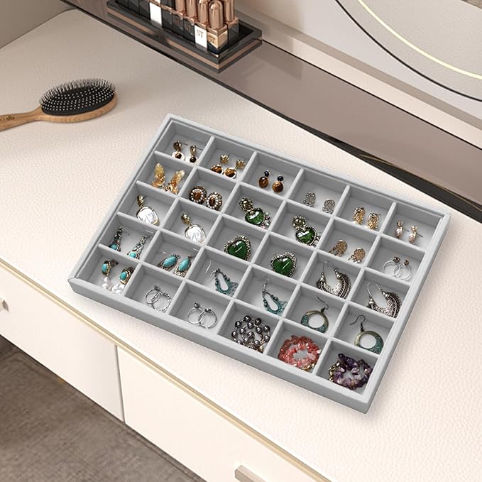 Wudygirl Jewelry Organizer Velvet Jewelry Tray with Lid Earring Holder Organizer Drawer Insert 30 Gird Earring Tray Ring Storage for Women Adjustable (Gray)