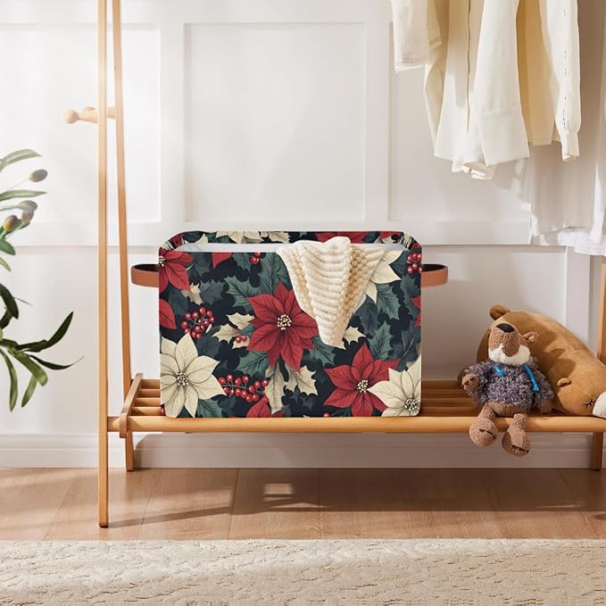 Storage Baskets Bin, Christmas Winter Poinsettia Collapsible Canvas Fabric Storage Bin Decorative Baskets Toy Organizer Rectangle Storage Boxes with Handles for Home Shelves Nursery, J-007