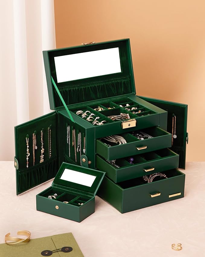 Homde 2 IN 1 Jewelry Box for Women Girls with Small Travel Case Mirror Necklace Ring Earrings Organizer (Forest Green + Gold)