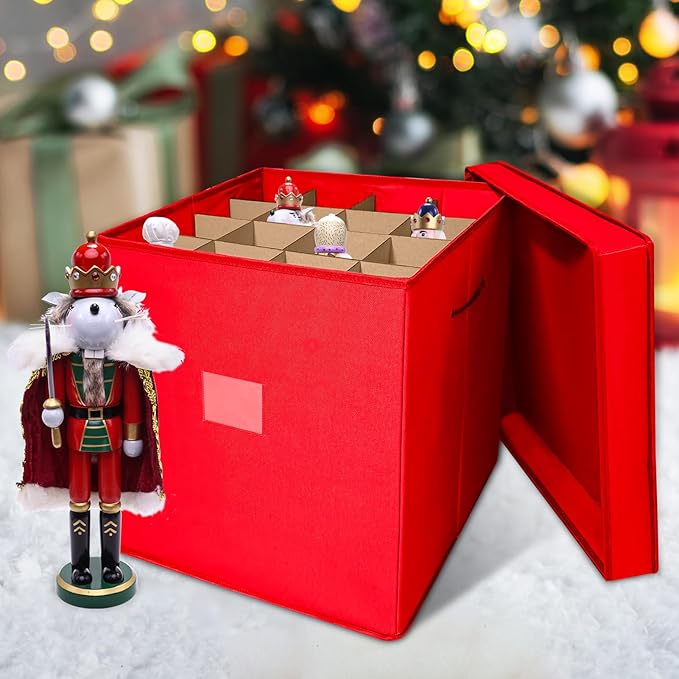 Christmas Nutcracker and Figurine Collectible Storage Box, Fits 16 Holiday Ornaments, Stores Up to 16" Tall Ornaments, Holiday Decor Organizer with Dividers, Nutcracker not Included(Red)