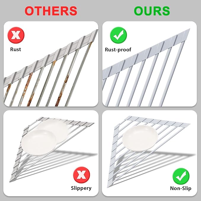 HANZENMA Triangular Sink Rack, Multi-Functional Rack Above The countertop, Foldable Sink Drying mat, Heat-Resistant, Non-Slip, and Rust-Proof Dish Rack (Gray)