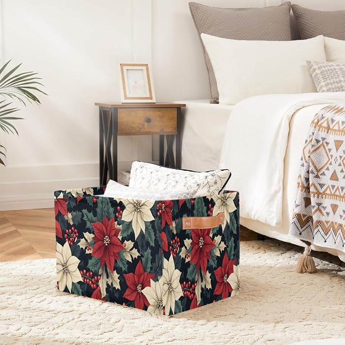 Storage Baskets Bin, Christmas Winter Poinsettia Collapsible Canvas Fabric Storage Bin Decorative Baskets Toy Organizer Rectangle Storage Boxes with Handles for Home Shelves Nursery, J-007