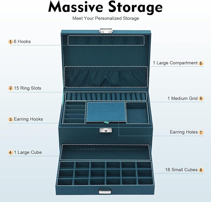 Jewelry Organizer Box with Lock,3-Layer Jewellery Storage Display Holder Case Flannel Travel Jewelry Storage Case Jewelry Display Drawer Case for Earrings Bracelets Rings Necklaces