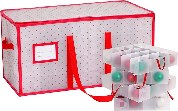 Christmas Ornament Storage Box -Up to 128 Holiday Ornaments with Adjustable Dividers Capacity Storage Container for Christmas Decorations Toys Gift Wrap Organizer（PVC）