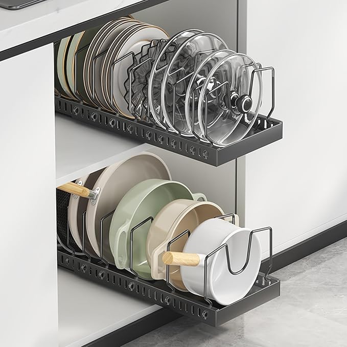 Enskatec Expandable Pots and Pans Organizer Under Cabinet, Sliding Pot Lid Holder and Pan Rack in Kitchen, Pull out Kitchen Cabinet Storage, with 10 Adjustable Dividers