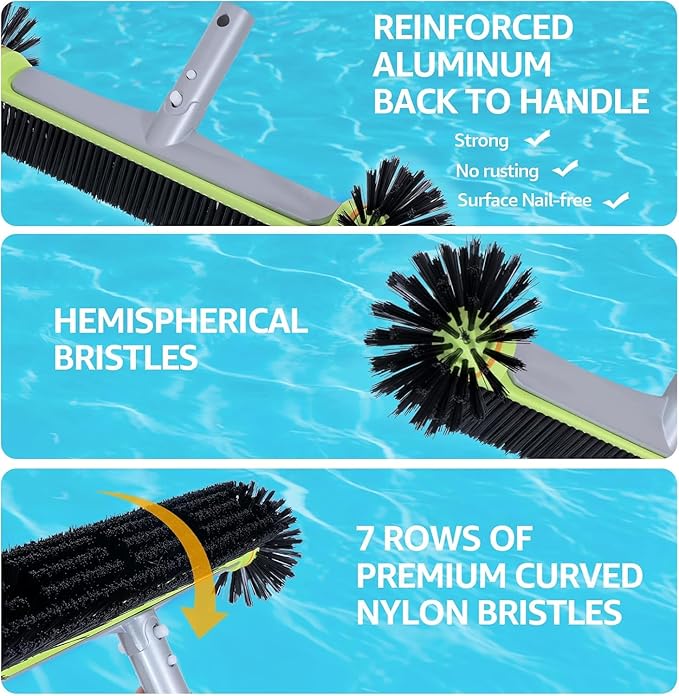 Deluxe Swimming Pool Cleaning Kit Including Professional Leaf Skimmer Net, 17.5" Pool Brush Head,Scrub Brush and 10.5 FT Pole