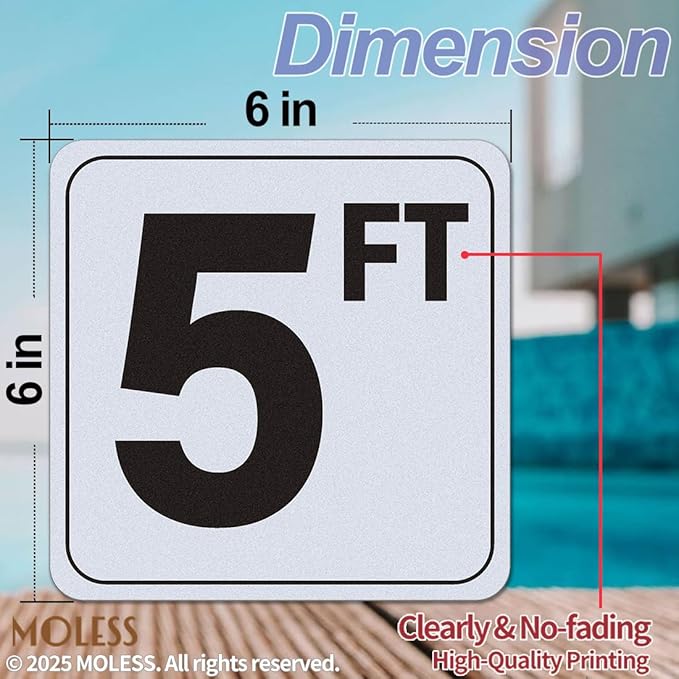 5FT Pool Depth Marker Stickers – 6x6″ Anti-Slip Vinyl Tile Stickers for Swimming Pool Safety Signs, Adhesive Pool Depth Markers for Decks, 5 FT (1 Pack)