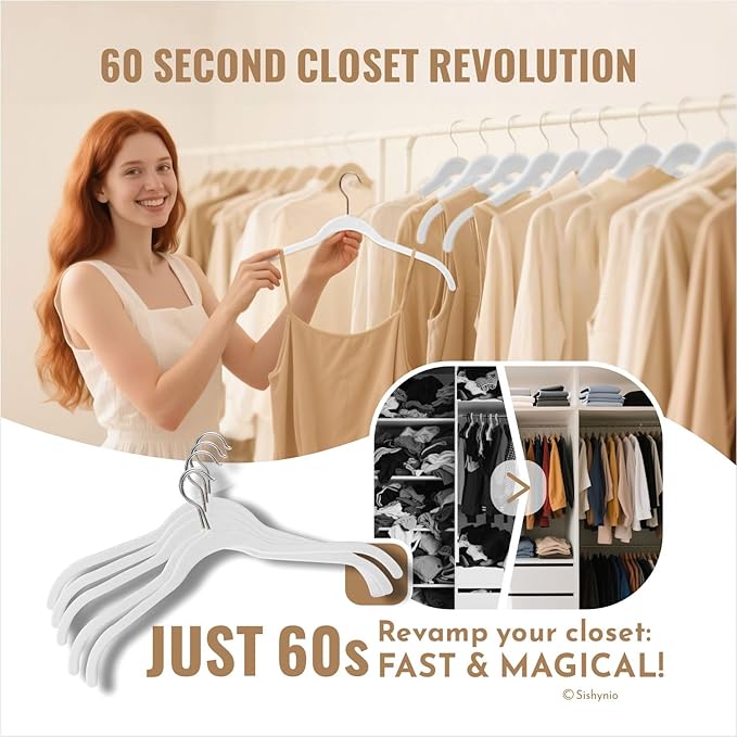 SIshynio 30 Pack Velvet Clothes Hangers, Non-Slip Flocked Hangers with 360° Swivel Hook, Space-Saving Slim Felt Hangers for Shirts, Coats, Dresses, Blouses(White)