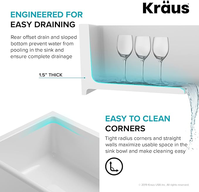 KRAUS KFR1-33GWH Turino Reversible 33-inch Fireclay Farmhouse Flat Apron Front Single Bowl Kitchen Sink with Bottom Grid in Gloss White