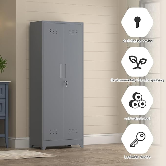 65" H Metal Garage Storage Cabinet,Broom Closet Storage Cabinet with Adjust Shelves,Utility Cabinet,Utility Closet for Garage,Gray-White