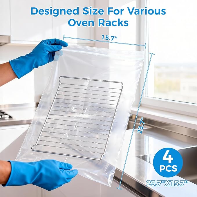 KYRGEU 4 Pack Oven Grill Cleaning Bags（15.7''X23.7'', Heavy Duty Oven Rack Cleaner Bags - No Messy Hands Reusable Soak-off Cleaning Kit for Grate & Grill Rack,No Cleaner Included