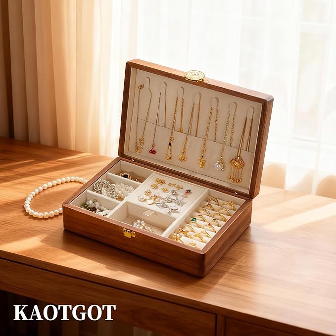 Travel Jewelry Case Small Wood Jewelry Organizer Jewelry Box for Women (Nut-Brown Print E)