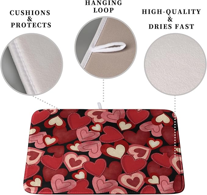 Kwlegh Valentine Dish Drying Mat for Kitchen Counter Red Black Love Heart Drying Pad Microfiber Absorbent Coffee Bar Mat Heat Resistant Countertop Protector Dishes Drainer Mat 18x24 Inch
