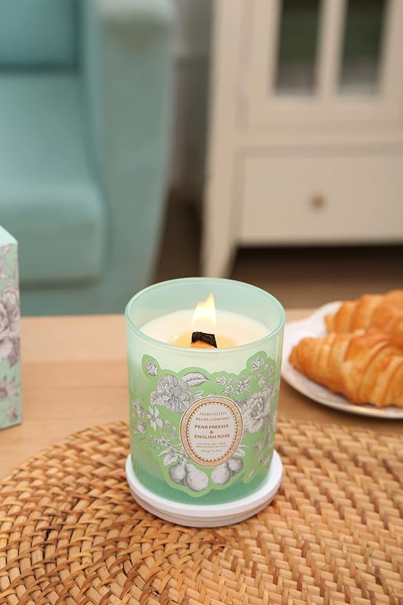 Large Scented Candle 10oz | Fresh Pear Freesia & Rose Soy Candle | Decorative Green Jar Wood Wick Candle Long Lasting | Aromatherapy Gift for Women & Men