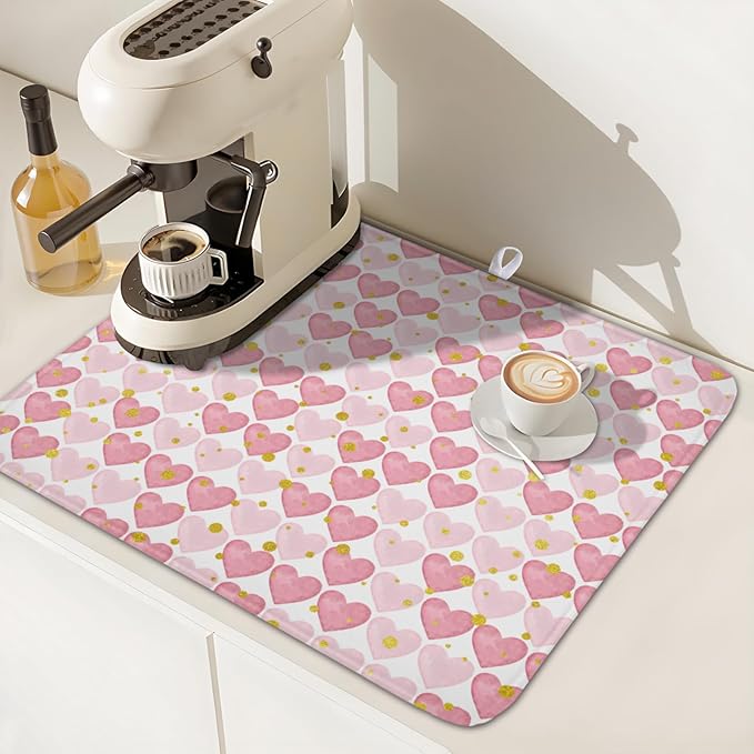 Valentines Day Dish Drying Mat for Kitchen Counter 18x16 Inch Love Drying Mat with Absorbent Reversible Microfiber Golden Pink Heart Dish Drainer Mats Rack Pad for Coffee Countertop Protector