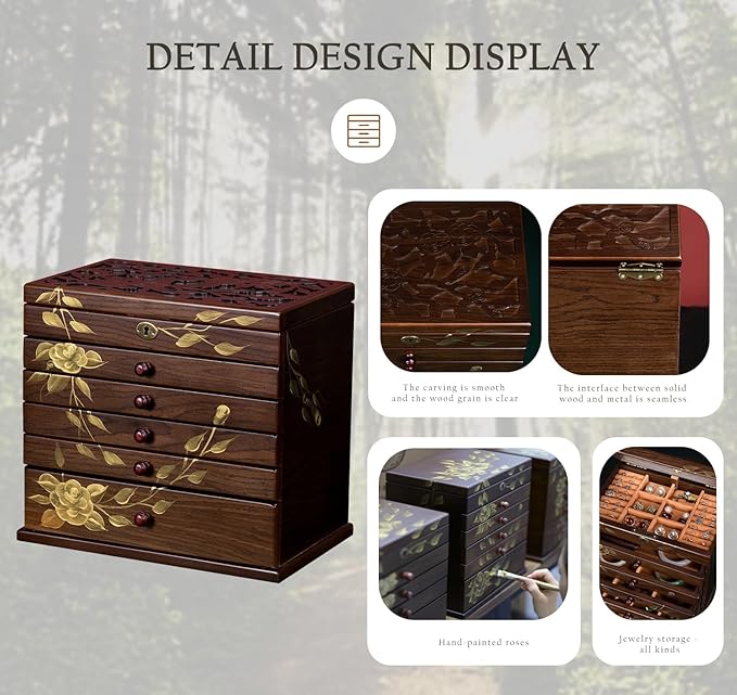 Hand-painted rose Wooden Jewelry Box, 7 Layer Jewelry Organizer, Vintage Wooden Jewelry Boxes for Women,jewelry holder organizer,5 drawer dresser,necklace organizer box with lock