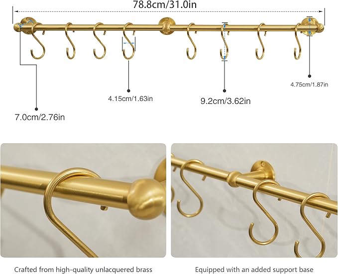 SRYBLT 31.0 Inch Brass Pot Rack with Hooks,Wall Kitchen Mounted Organizer,Segmented RailHanging Rack for Kitchen Wall Rail with Hooks