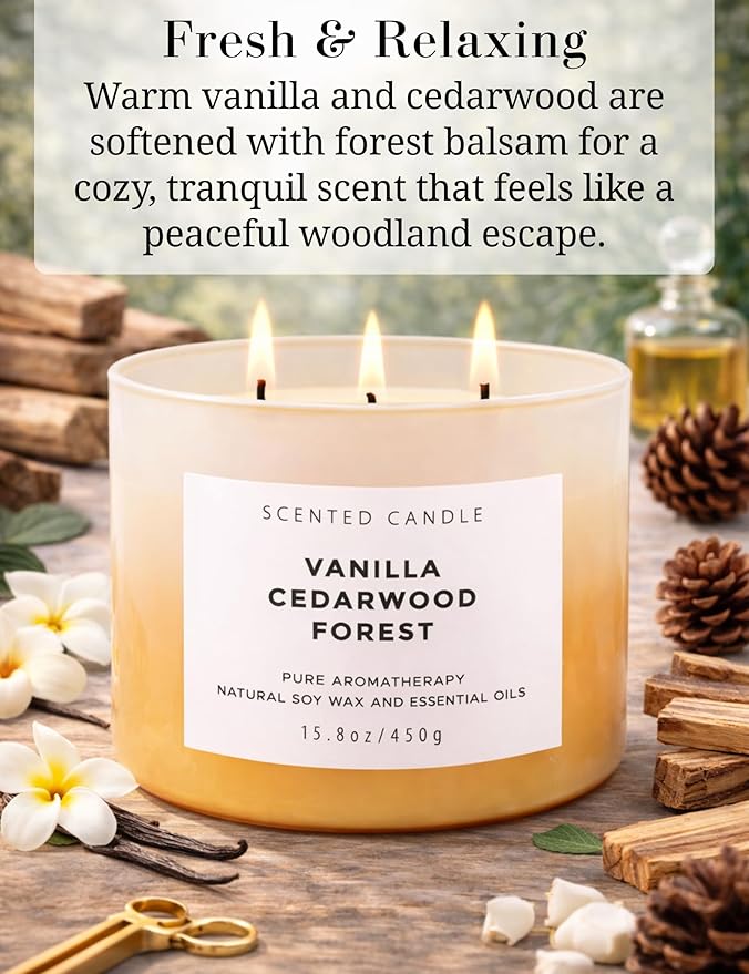 Vanilla Cedarwood Candle 3 Wick Soy Candles for Home Scented, Large 15.8oz Warm Cozy Vanilla Cedar Woods, Relaxing Aromatherapy Candle, Long Lasting Clean Burn, Living Room Bedroom Spa Gift