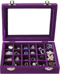 Velvet Jewelry Box 24 Grid Jewelry Earrings Display Organiser Box Ring Tray Holder Earrings Storage Case for Girls Women Wife Mom (Purple)
