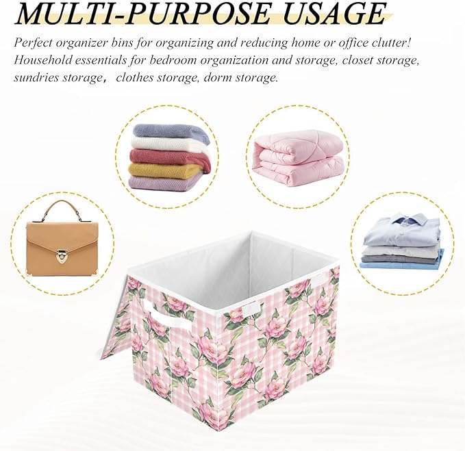 Collapsible Storage Bins with Lids, Pink Rose Flower Floral Buffalo Plaid Checkered Storage Boxes for Organizing