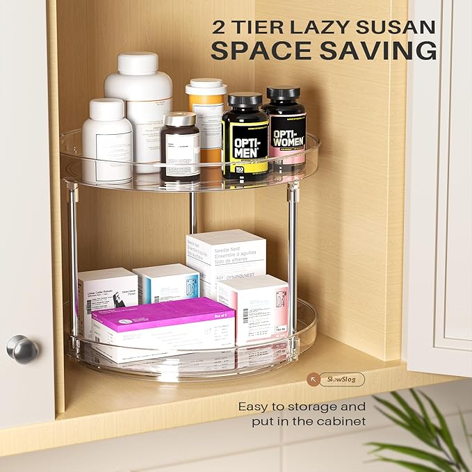 Slow Slog 2 Pack 2 Tier Lazy Susan Turntable Organizer, Clear Rotating Lazy Susan, Spice Rack for Cabinet, Makeup and Perfume Organizer for Vanity, Counter Organizer Tray for Kitchen, Bathroom