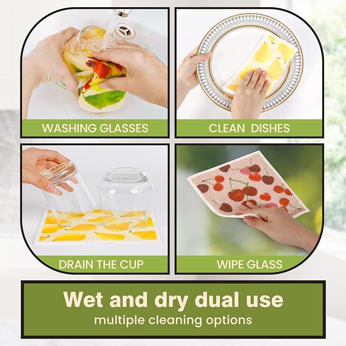 Yelasenari Swedish Dishcloths for Kitchen Reusable 6 Pack Kitchen Towels No Odor Quick-Drying Reusable Paper Towels Reusable Paper Towels Washable for Countertop, Sink, and Kitchen Fruit
