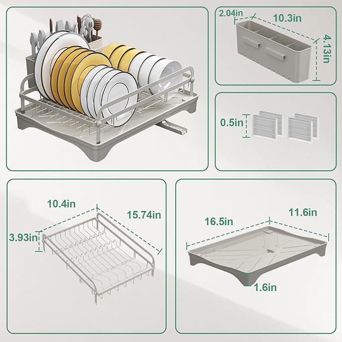 HOMEAILIE Dish Drying Rack,Dish Racks for Kitchen Counter,Metal Dish Drainer with Adjustable Drainage Spout,Removable Knife and Fork Holder (Grey)
