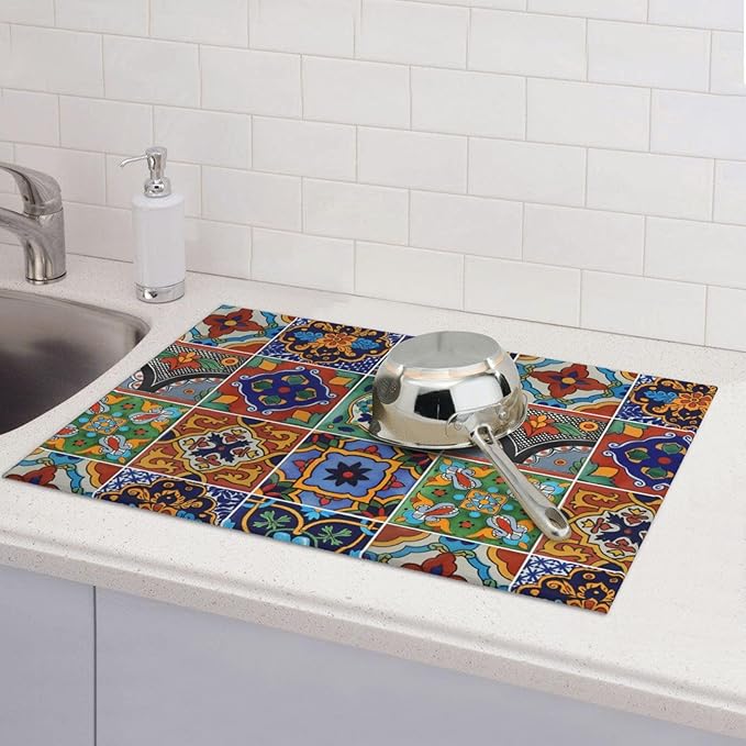Talavera Mexican Tiles Dish Drying Mat For Kitchen Counter, Super Absorbent Microfiber Dish Drying Pad, Kitchen Gadgets For Easy Clean Multi-Use Large 18"x24"