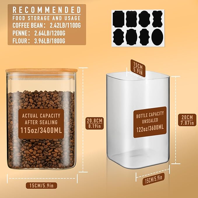 D2scrma 122oz Airtight Glass Square Storage Canister with Bamboo Lid Set of 1 (3600ml) Gallon Glass Jars Large Kitchen Canister for Sugar, Flour, Cookies and Coffee beans (‎with Black Lable)
