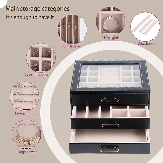 3 Layer Jewelry Organizer Box with Glass Lids & 3 Drawers - Elegant Storage Solution for Necklace, Rings，Earrings, and Bracelets - Perfect for Women ASK-301 (Black)