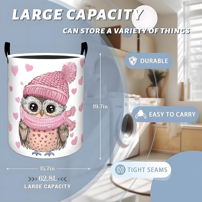 Cute Owl in Pink Hat with Heart Pattern Laundry Basket with Handles, 19.7"x15.7" Clothes Foldable Laundry Hamper Organizer for Dorm Nursery Bedroom Bathroom Decor, Toy Storage Bin for Kids