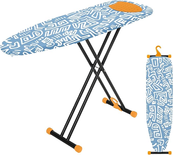 Large Ironing Board Full Size 54x14, RAINHOL Height Adjustable Steel Frame Iron Table with Thick Padded Cover and Iron Rest, Foldable for Compact Storage, Blue