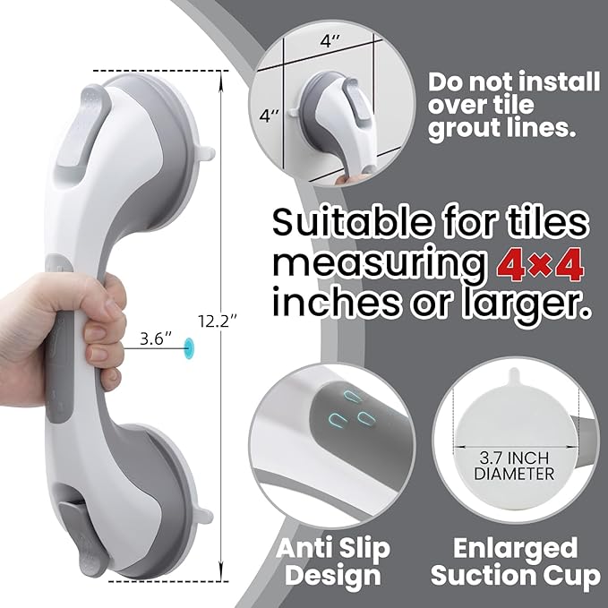 TAILI Shower Grab Bar, 2 Pack 12 Inch Suction Grab Bars for Bathtubs and Showers for Elderly, Shower Handle for Seniors Bathroom Safety Grip, No Drilling Removable,Grey