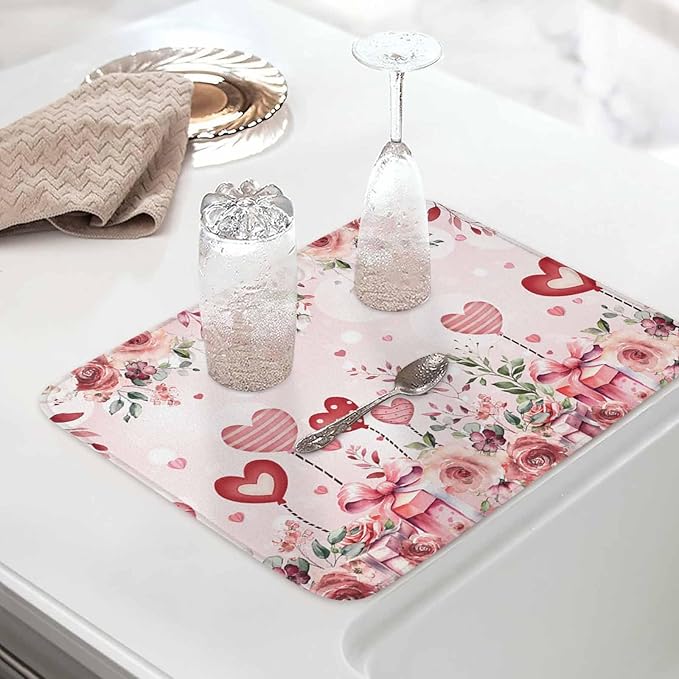 Valentine's Day Dish Drying Mat for Kitchen Counter Pink Love Heart Drying Pad Absorbent Drying Mats for Countertops Sinks Draining Racks Rose Gift Drainer Valentines Holiday Decorations 16x18 Inch