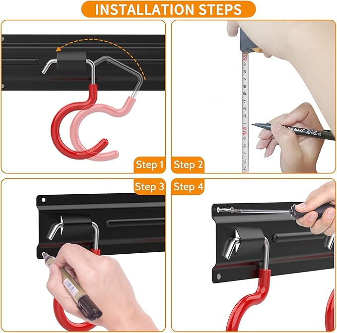 WALMANN All Metal 64 Inch Wall Mount Garden Tool Organizer for Garage, Mop and Broom Holder, Yard Tool Storage Rack for Rake, Shovel, Spade, Mop, Broom(4 Rails, 16 Hooks)