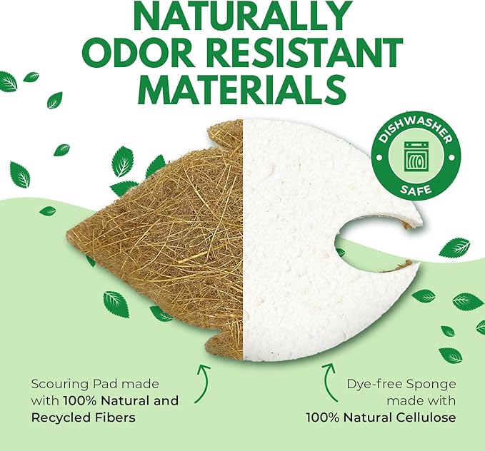 AIRNEX Natural Kitchen Sponges (6 Pack) - Biodegradable Cellulose & Coconut Scrubber Dish Sponge for Kitchen - Eco-Friendly, Non Scratch, Compostable, Non Toxic Leaf Shaped Natural Sponges for Dishes