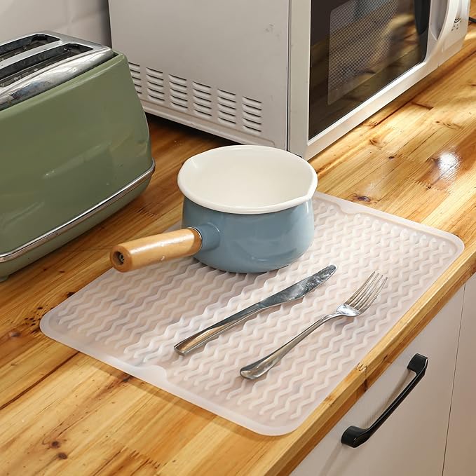 MicoYang Silicone Dish Drying Mat for Multiple Usage,Easy clean,Eco-friendly,Heat-resistant Silicone Mat for Kitchen Counter or Sink,Refrigerator or drawer liner Translucent L 16 inches x 12 inches