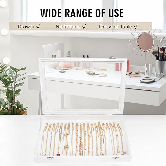 Necklace Organizer Box Premium 20 Hooks Velvet Necklace Display Jewelry Tray with Transparent Lid Jewelry Necklace Display Box for Necklace Pendants Suitable for Women and Girls (Ivory)