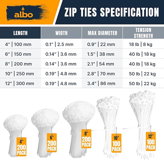 ALBO White Zip Ties Assorted Sizes 800 Pack 4+6+8+10+12 inch Plastic Cable Ties Wire Tie UV Resistant Nylon Tie Wraps Assorted Sizes