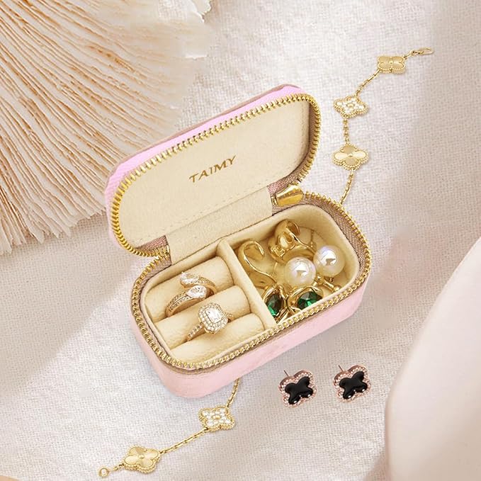 TAIMY Small Travel Jewelry Case, Mini Tiny Plush Velvet Jewelry Box for Women and Girls, Pocket Size Jewelry holder organizer for Rings Earrings and Small Items(Pink)