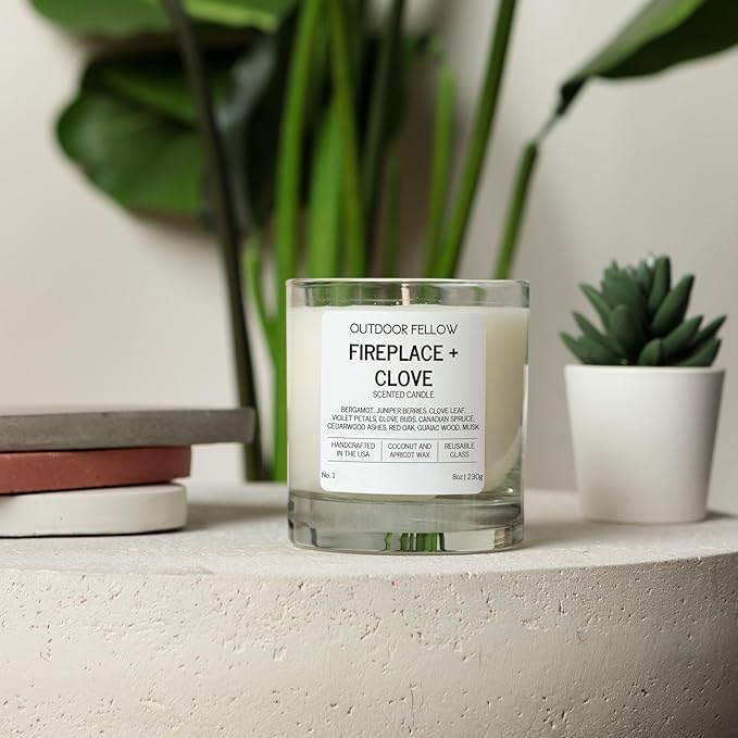 Outdoor Fellow Fireplace and Clove Scented Candle, 8oz, Coconut & Apricot Wax Blend, Bergamot, Clove Buds, Cedarwood, Reusable Glass, 40-50 Hour Burn Time
