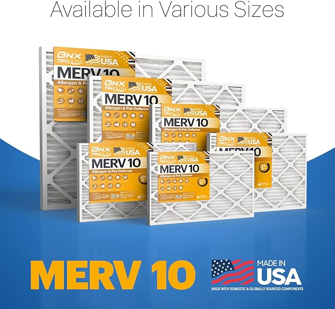 BNX TruFilter 20x25x1 MERV 10 (2-Pack) AC Furnace Air Filter - MADE IN USA - Pleated Air Conditioner HVAC AC Furnace Filters - Removes Odor, Mold, Bacteria, Smoke