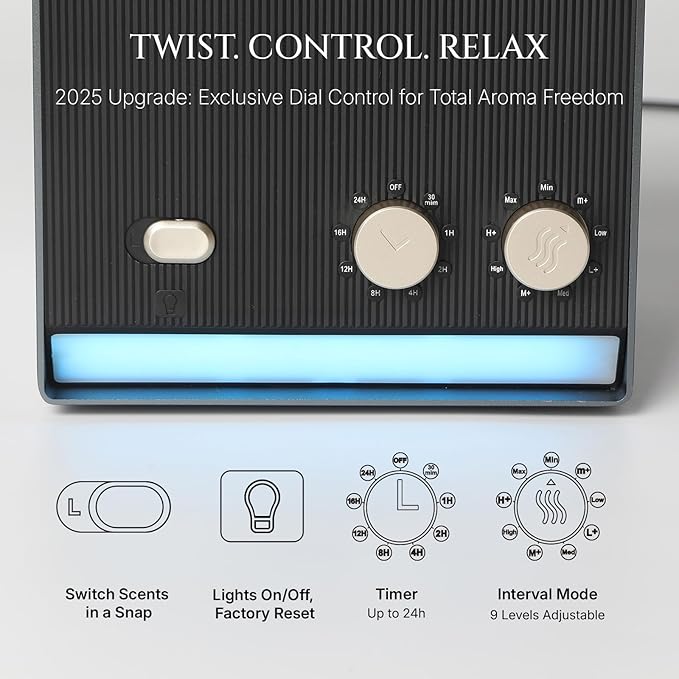 Smart Waterless Essential Oil Diffuser with Dual Nozzle, Cold Air Tech Scent Air Machine with 8 Timer Settings, 9 Mist Levels, Hotel Collection Diffuser for Home & Office (Black Titanium)