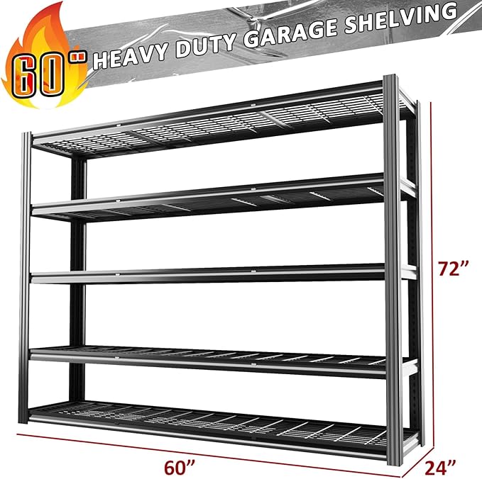 VDEVY 60" W x 72" H x 24" D Garage Shelving Heavy Duty,5 Tier Adjustable Metal Shelves Storage Rack,3030 LBS Large Industrial Shelving Unit for Basement,Warehouse,Garage Organization