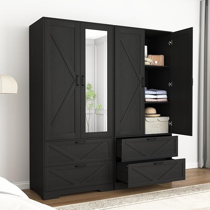 Armoire Wardrobe Closet with Mirror and 2 Drawers, 72'' Bedroom Armoire Wardrobe Cabinet with Hanging Rod and Light,Wooden Bedroom Closet with Adjustable Shelf