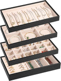 LANDICI Stackable Jewelry Organizer Trays 4 Set,PU Leather Jewelry Organizer Drawer,Jewelry Storage Display Tray for Earring Necklace Rings Bracelet with Removable Dividers,Black