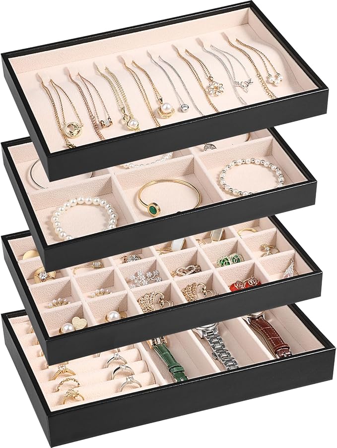 LANDICI Stackable Jewelry Organizer Trays 4 Set,PU Leather Jewelry Organizer Drawer,Jewelry Storage Display Tray for Earring Necklace Rings Bracelet with Removable Dividers,Black