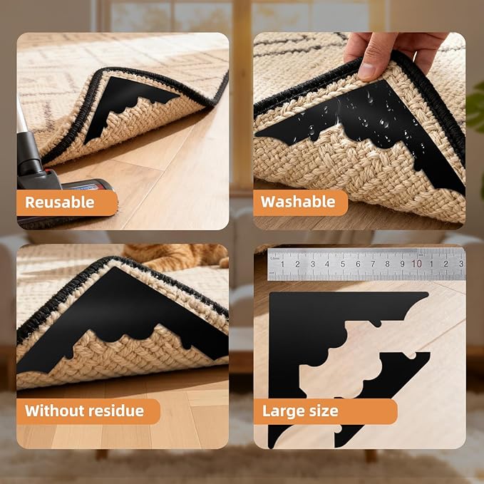 QUAFIPAAT 16 Pcs Rug Carpet Non Slip Grippers, No Damage Reusable Rug Tape for Hardwood Floors and Tiles, Keep Corners Flat, Double-Sided Adhesive Area Rugs